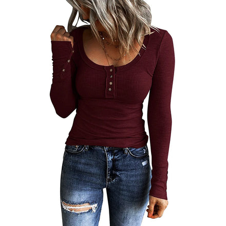 2025 Autumn New Arrival European & American Cross-Border Women's Clothing: Button Vest-Inspired Round-Neck Long-Sleeve T-Shirt