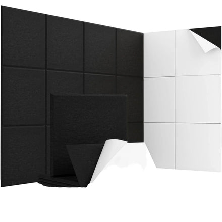 PET Felt Self-Adhesive Acoustic Wall Panels 12 Pcs Black Polyester Sound Proof Panels for Bedroom Hotel or Apartment Walls