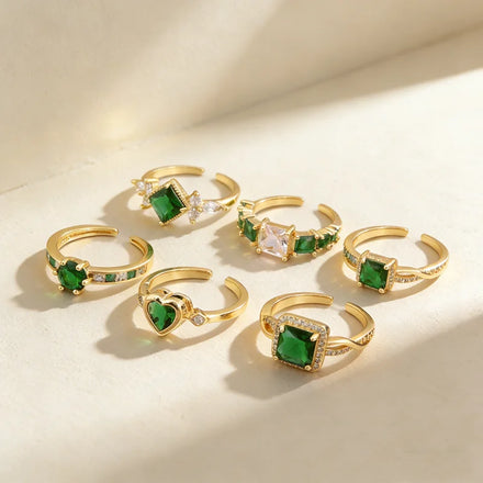 QIKU Vintage Engagement Trendy 18K Gold Plated Copper Gemstone Ring with Zircon for Women Men & Children