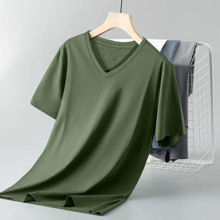 Oem customized pure cotton v neck t shirt men's summer slim solid color casual bottoming t shirt