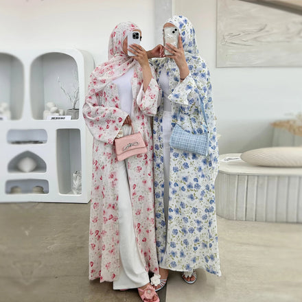 Loriya Ramadan Chiffon Modest Open Abaya Women Muslim Dress 2 Pcs Set with Matching Hijab Scarf Floral Printed Kimono Abaya