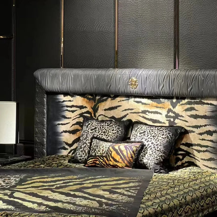 Luxury Modern Tiger Print King Size Bedding Set with Black Leather Headboard and Solid Wood Frame | High-End Bedroom Furniture