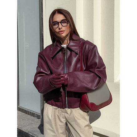 2025 Autumn European & American Stylish Women's Vintage Biker-Style Burgundy Matte Leather Jacket