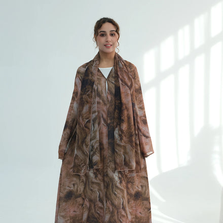Loriya Chiffon Open Abaya Ombre Watercolor Tie-Dye Printed Premium Islamic Abaya 2 Piece Set Hijab Scarf Abaya Islamic Clothing