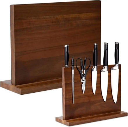 High Quality Acacia Wood Magnetic Knife Block Storage Organizer with Roll Bag Home Kitchen Metal Holder Set