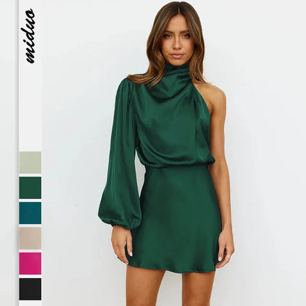 2025 Autumn/Winter New Women's Elegant Evening Dress High-End Export Satin with Long Sleeve One-Shoulder Casual Halter Style