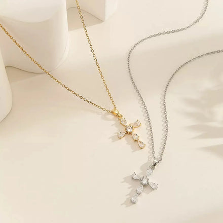 Trendy 16-24 Inches Stainless Steel Chain Necklace with Shiny Crystal Classic Cross Pendant Fashion Jewelry for Women and Men