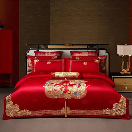 Wedding 100S Cotton Embroidery Bedding Red Bed Fitted & Wedding Set Designer Pillow Shams 4PCS Bedding Set