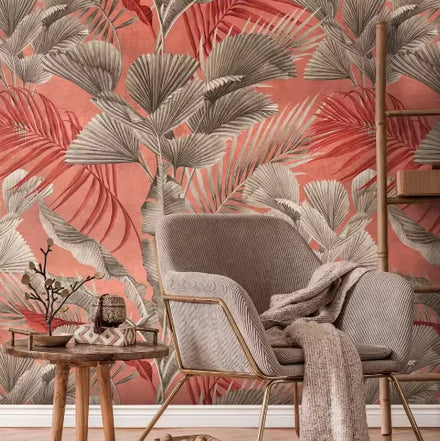 Photo Wallpaper Murals Jungle Pink Red Grey Beige Non Woven Vinyl Wall Mural Plants for Hotel