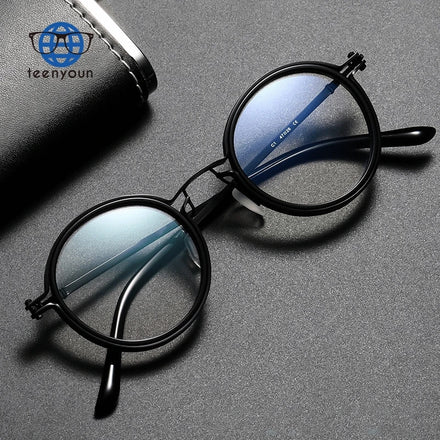 Teenyoun Wholesale Retro Small Round Frame Eyeglasses Men Punk Style Metal Anti-blue Light Flat Optical Glasses Custom Logo