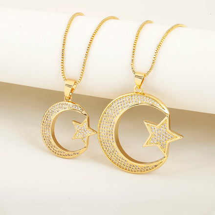 QIKU 18K Gold Plated Link Chain Necklace Star Pendant Zircon Unique Radiant Design Casual Look Copper Perfect Gift for Him Her