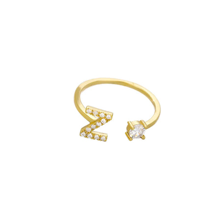 Trendy 26 Letter a Initial Ring for Women Adjustable Open Band with CZ Stones Zircon for Weddings Parties Fashion Jewelry Copper