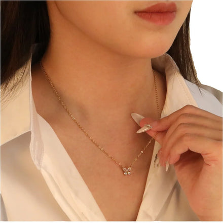 Women's 18K Gold Stainless Steel Necklace with Vintage Heart and Crystal Butterfly Charm Non-Tarnish Zircon for Anniversary