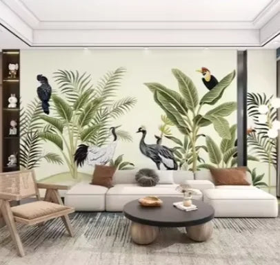 Tropical Wallpaper Vintage Green Forest Wallpaper for Dining Room Livingroom Garden and Jungle Birds Wall Mural