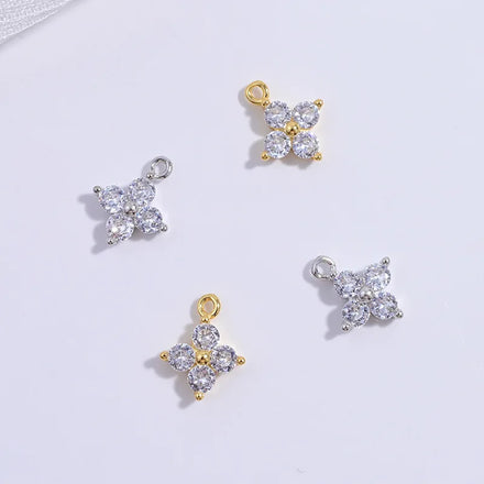Fine 925 Sterling Silver Zircon Lucky Clover Zircon Single Hole Cross Charms for Jewelry Making 18k Gold Plated Charm