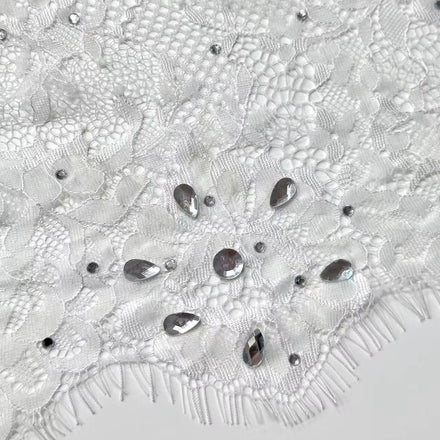 White French Lace Fabric Soft Feel Wedding Dress Base Veil Flower Lace Accessories with Mixed Size Rhinestones