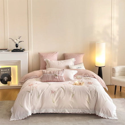 Light Luxury Pink 100% Cotton Embroidery Duvet Cover High-end 4 Piece Home Textile Designer Bed Sheets Bedding Set Supplier