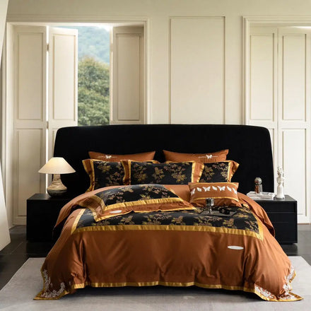 Top Luxury 100s Cotton Duvet Cover High-end Jacquard Style Brown Embroidery 4 Piece Designer Bedding Set Supplier
