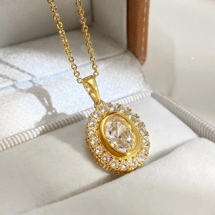 For Foxi Trendy 18K Gold Plated Rhodium Chain Oval Cut Zircon Shiny Pendant Necklace Mainly Made of Brass Jewelry