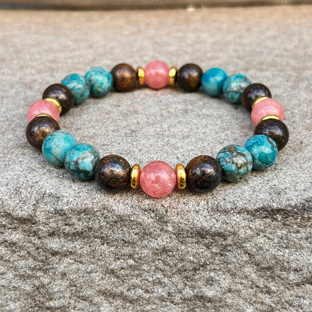 Unisex Handmade Chakra Jewelry Natural Stone 8mm Sunstone African Turquoise Bronzite Beads Harmony Transformation Bracelet
