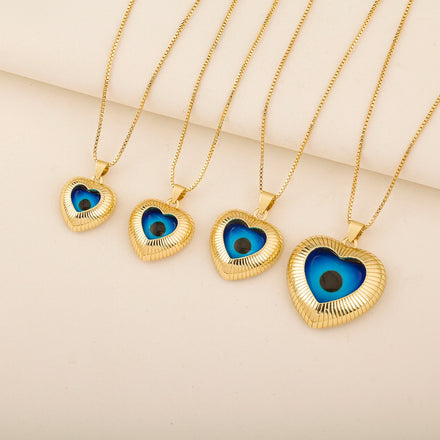 QIKU Romantic 18K Gold Plated Blue Eye Heart-Shaped Pendant Link Chain Necklace Trendy for Women's Mother's Day Gift