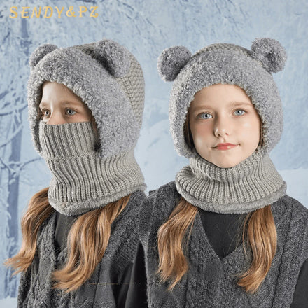 Winter Cartoon Cute Bear Ear Warm Knitted Caps Mask Scarf Balaclava Children Kids Thickened Plush Hat Neck Scarves
