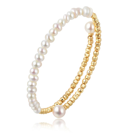 Minimalist and Versatile Brass 18k Gold-Plated Beads and Natural Freshwater Pearl Open Bracelets for Women