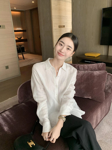 Classic Intellectual Style | Old Money Aesthetic 100% Linen Woven Summer Formal Long-Sleeved Shirt Women Loose-Fit Blouse