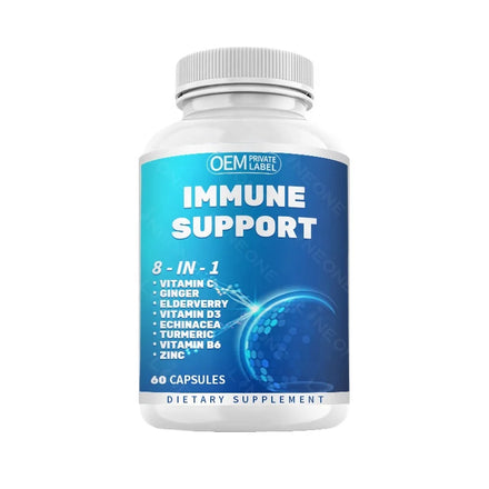 OEM/ODM 8 in 1 Immune Support with Quercetin Zinc Vitamin C Vitamin D3 and Elderberry Echinacea Ginger for Adults Kids