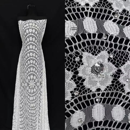French Chantilly White Wedding Dress Beaded Rhinestones Diamond Tulle Lace Fabric