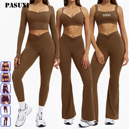 PASUXI Custom Logo Women's Yoga Gym Wear Hot Solid Color Breathable Workout Seamless Fitness Top and Sets