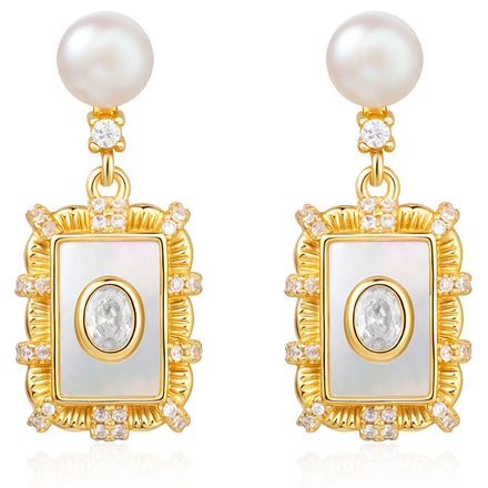 Brass 18K Gold-Plated Natural Freshwater Pearl White Mother-of-Pearl Pendant Earrings for Women Factory Wholesale Customization