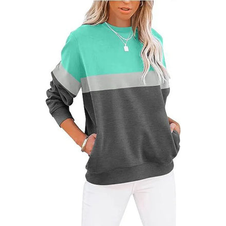 European and American Cross-Border Women's Casual Long-Sleeve Color-Block Crew-Neck Sweatshirt Loose Pullover