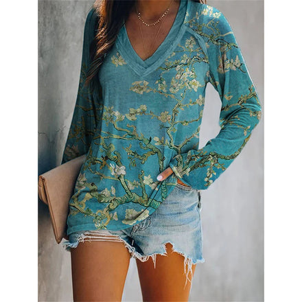 2025 New Autumn/Winter Cross-Border Women's Long-Sleeve Pullover T-Shirt with 3D Printed Multicolored Patterns