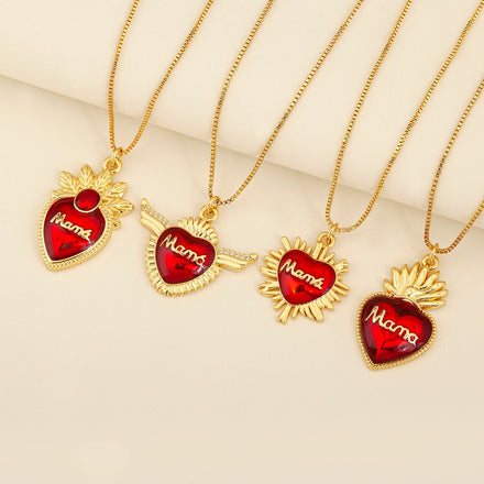 QIKU Trendy 18K Gold Plated Micro Zircon Stone Heart Pendant Love Mom Charm for Mother's Day Children's Copper Jewelry Link