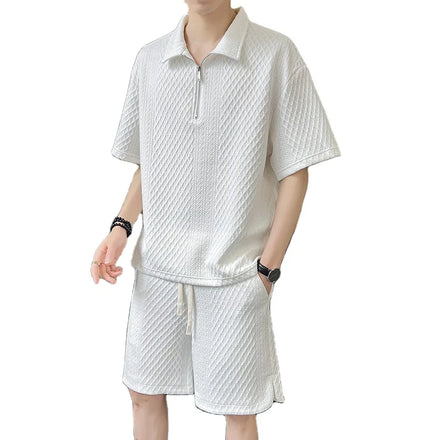OEM Customized Logo Design Men Trendy Brand Loose Polo Half Zipper Short-sleeved Shorts Two-piece Suit Ice Silk Sports Suit
