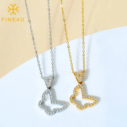 Elegant Minimalist Women Jewelry Stainless Steel Hollow Cubic Zircon Lucky Butterfly Heart Gourd Design Pendant Necklace