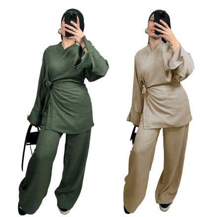 2025 Abaya Muslim Women Kimono Abaya 2pc Set Daily Wear Wrap Style Tunic Pants Suit Modest Islamic Clothing