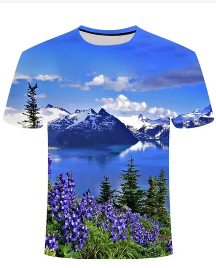 Oem customized men landscape pattern t shirt natural fashionable handsome casual printed t shirt
