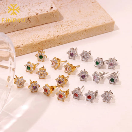 Gold Plated Stainless Steel Pink White Cubic Zirconia Flower Safety Gold Hoop Earring for Womens Lovely Floral Studs Earring
