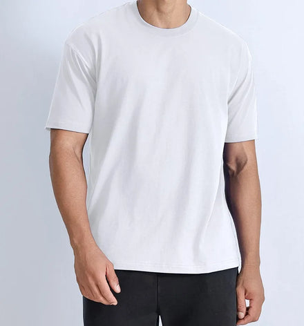 Oem customized cross border european and american heavyweight cotton solid color tshirt round neck cylindrical tshirt men's
