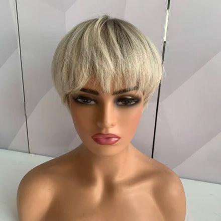 Ready to Ship Dark Roots Blonde Silk Top Short Pixie Cut Wig Replacement European Raw Hair Human Hair for Women