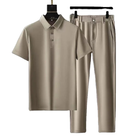 OEM Customized Logo Design Men Summer Ice Silk Short-sleeved Thin Striped Two-piece Suit