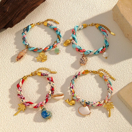 New European and American Ocean Style Colored Cloth Bracelet Shell Coconut Tree Stainless Steel Pendant Bracelets for Women