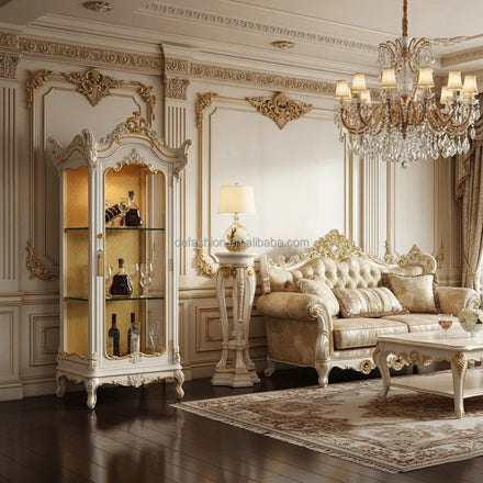Elegant Baroque Style Solid Wood Living Room Set | Luxury Sofa Cabinet & Coffee Table with Ornate Gold Details Eco-Friendly