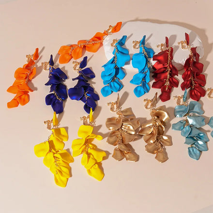 European and American Pleated Acrylic Petal Long Tassel Ear Clip Fashion Personality Exaggerated Temperament Earrings for Women