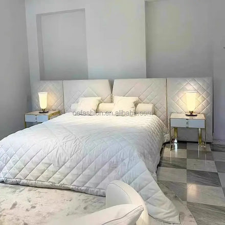 Luxury Modern White Quilted King Bed with Diamond Tufted Oak Headboard | Elegant Bedroom Furniture Set