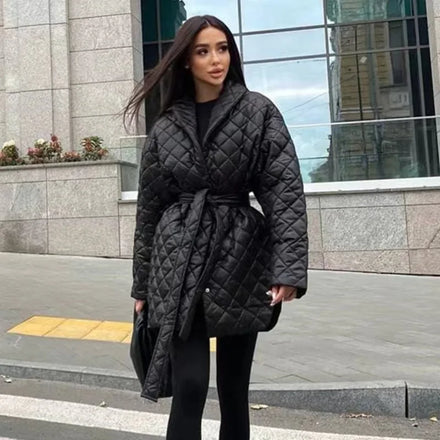 Ladies Winter Fashion Casual Belt Puffer Jacket Coat Long Warm Cotton-Padded Rhombic Quilted Polyester Lining Plain Dyed