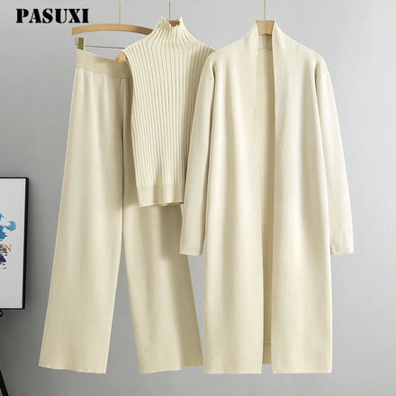 PASUXI 2026 Autumn Women's Casual Solid V-Neck Knit Sweater and Pants Set Spandex/Polyester Breathable