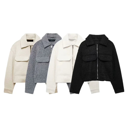 2025 Winter New Fashion Women's Short Jacket Coat Long Sleeve Overcoat Warm Pocket Zipper Lapel Woven Casual Outwear